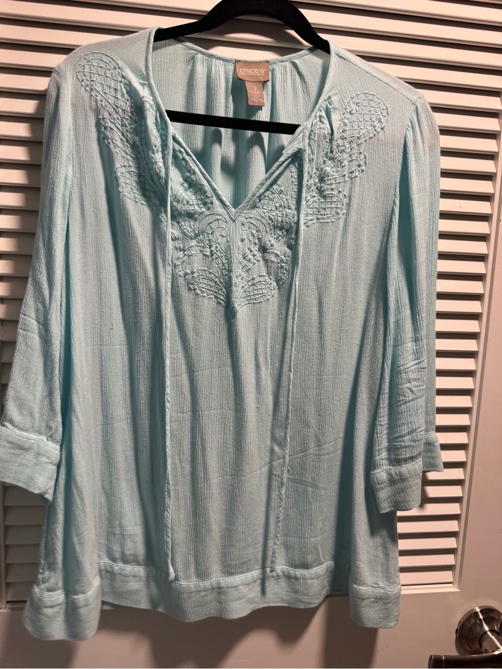 Chico's Pale Blue Embroidered V-Neck Tunic